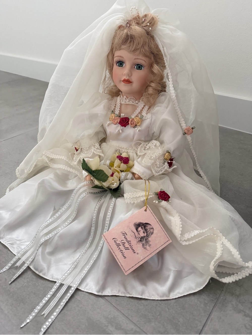 Porcelain Bride Doll in White Satin Gown with Floral Accents